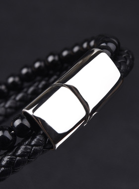 欧美跨境简约不锈钢皮手链 玻璃石多层编织皮绳首饰手镯手链男士