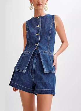 Fashion casual sleeveless high waisted women's denim suit