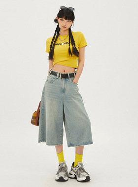 7-point jeans, women's high waisted loose mid length pants