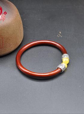 S925纯银蜜蜡款野生西藏无节鸡血藤手镯开口女民族风首饰配饰