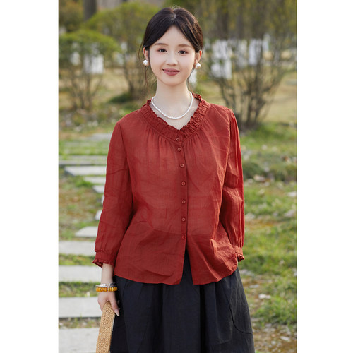 忘城A956座/春夏新款42支苎麻v领边衬衫女高品质显瘦衬衣减龄洋气 - 图1