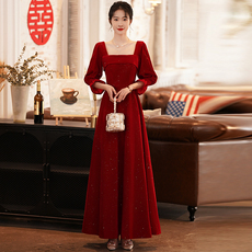 Вечерние платья 秋冬红色敬酒服新娘礼服简单大气小个子显瘦长款方领长袖晚礼服