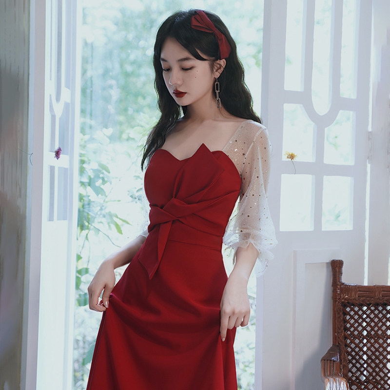 敬酒服新娘礼服简单大气2024新款结婚设计感拼接网纱中长款礼服_虎窝淘