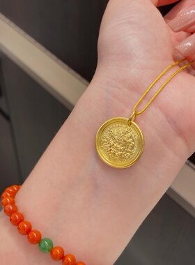 古法金包银黄财神吊坠实心吉言圆牌招财纳福挂坠韦雪同款毛衣项链