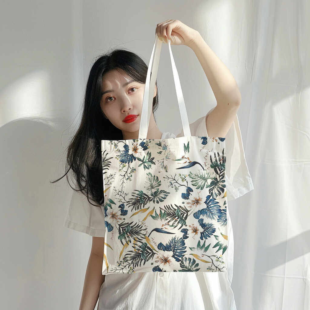 复古文艺植物印花帆布包通勤上学大容量单肩包笔记本托特包通勤包