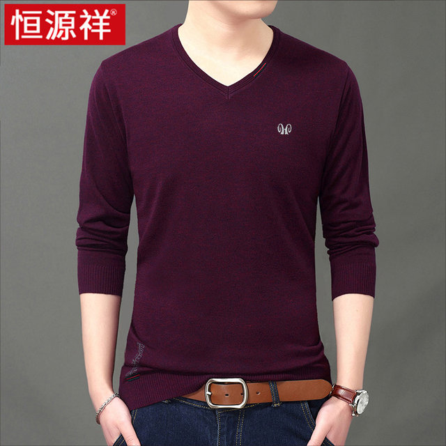 Hengyuan Xiangxiang sweater men's thin men's long -sleeved T -shirt round neck spring autumn clothing sweater bottoming shirt V -neck top