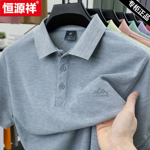 恒源祥夏季男士冰丝短袖t恤新款纯色半袖POLO衫潮流宽松翻领上衣T - 图1
