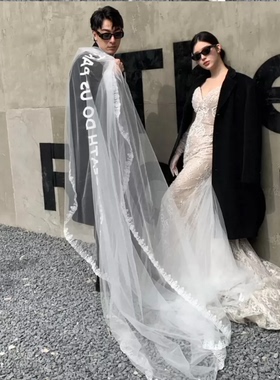 超长3米蕾丝边白字母头纱外景草坪婚纱摄影拍照道具新娘字母头纱