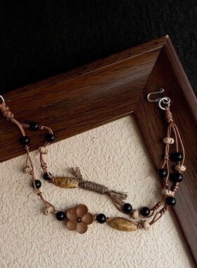 S925银天然石多宝玛瑙图画石星月菩提檀木桃花编绳手链小众复古