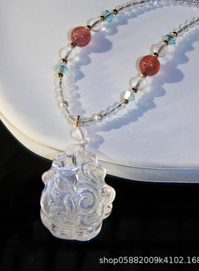 白水晶项链女高级感天然石珠子九尾狐吊坠单坠手工串珠毛衣链长