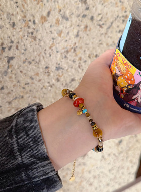 天然虎眼石串珠手链新中式高级感玛瑙串珠复古秋冬天然石钛钢饰品