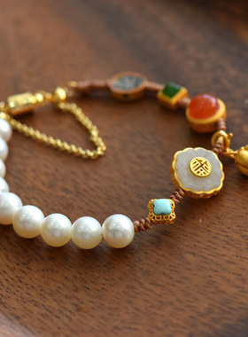 正宗柿柿如意多宝手链古法金工艺纯银和田玉南红淡水珍珠松石