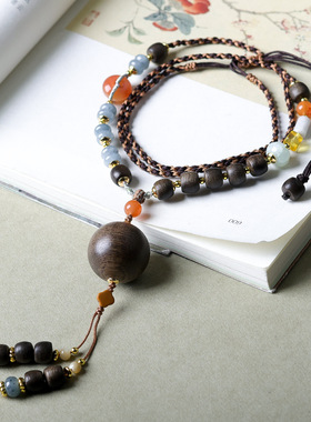 原创设计白奇楠沉香木项链文玩南瓜蜜蜡翡翠南红玛瑙毛衣链新中式