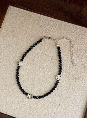 S925银天然淡水珍珠黑尖晶笑脸银珠手链套装极简风格日常通勤百搭