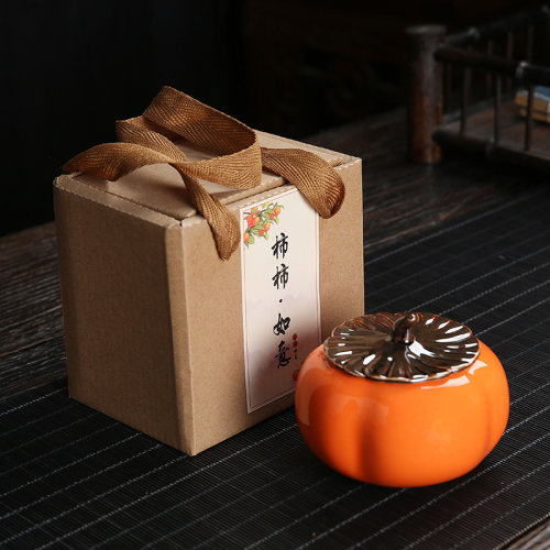 柿柿如意陶瓷柿子罐小号香粉茶叶密封罐子红茶绿茶空包装糖果礼盒 - 图0