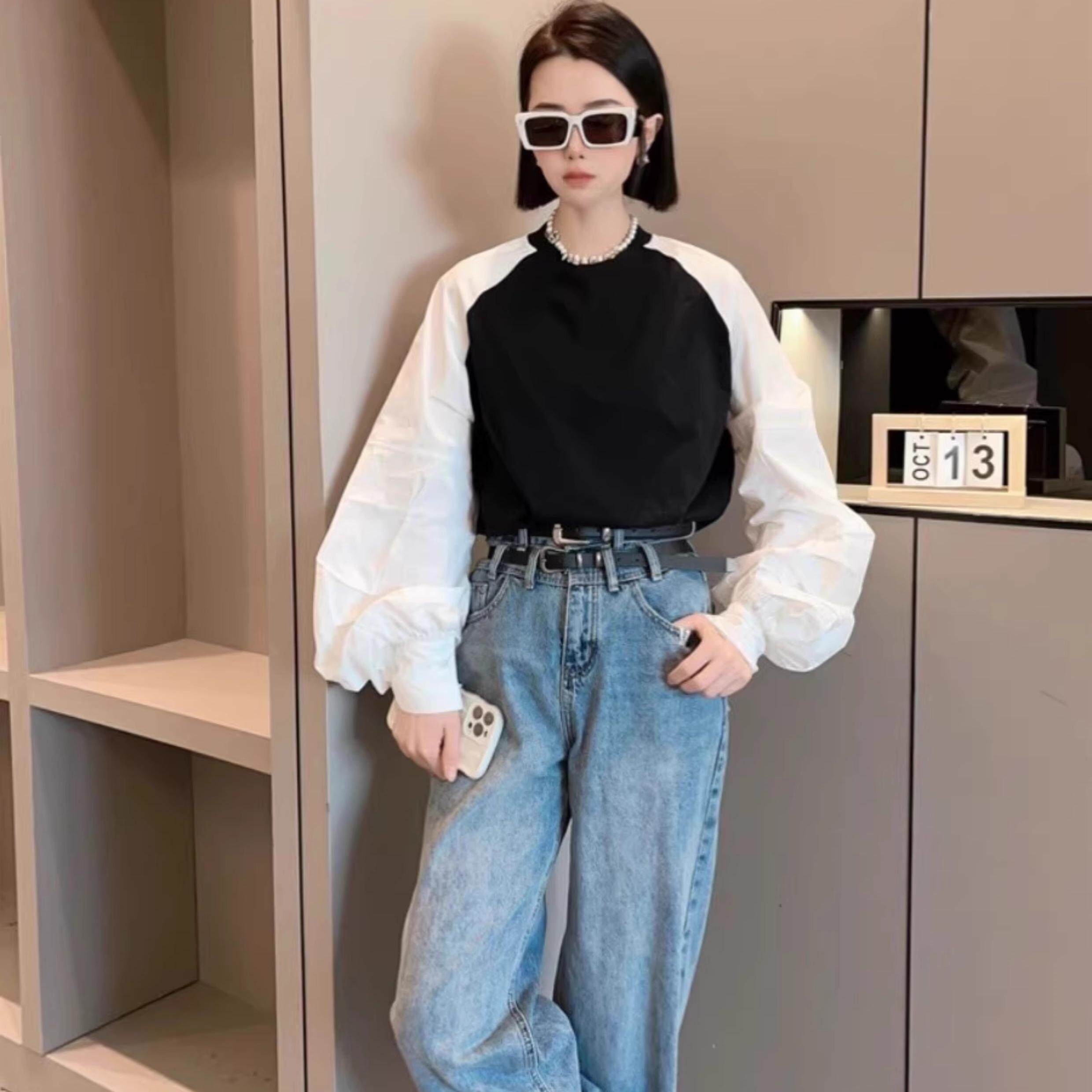 【现货】衬衫圆领上衣女春夏新款拼接长袖超洋气欧货小衫热销爆款