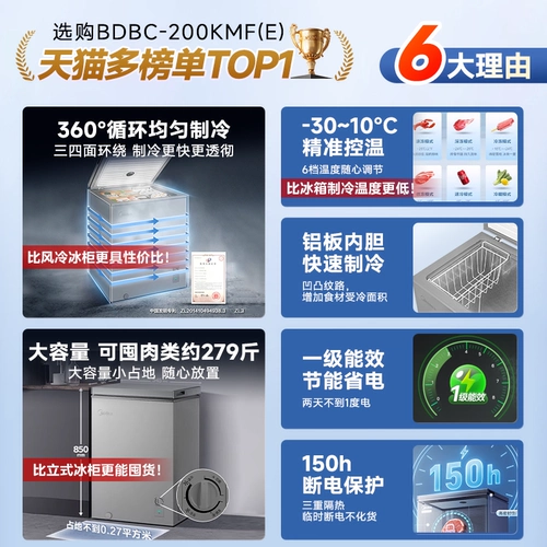 Midea 100/143/200L Маленький морозильник Домохозяйство Коммерческое холодильное холодильник Небольшой морозильный охлаждение первоклассное официальное холодильник