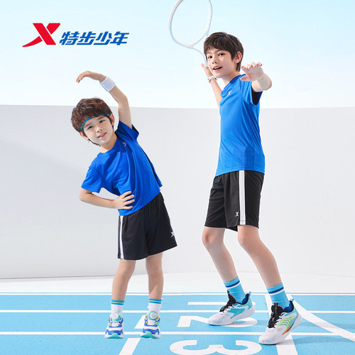 特步童装男童运动短袖短款套装2026夏季新款儿童中大童速干2件套 - 图1