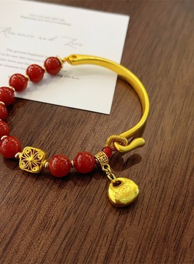 新中式复古精致红色玛瑙石手链轻奢小众温柔风福袋錾刻宝相花手镯