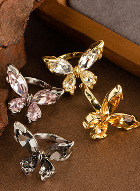 跨境欧美时尚镶钻水晶蝴蝶开口戒指女轻奢大气高级感可调节指环