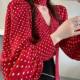 Red polka dot printed shirt for women in autumn, sweet puff sleeve top, halter neck slimming design, strappy V-neck shirt
