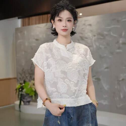 新中式2026夏季新款复古显瘦蕾丝刺绣立领短袖衬衫女黄色盘扣上衣 - 图2