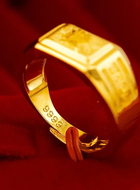 金店同款发福财回纹戒指 沙金纯铜镀24k金回纹开口戒指发福财男戒