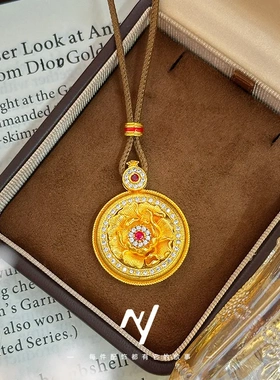 新年中式小众设计感国风点钻拉丝牡丹花沙金吊坠毛衣链挂坠送女友