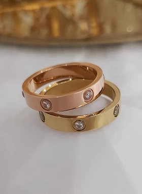 韩版热销同款一钉全钻钛钢戒指小众设计轻奢水钻素圈情侣对戒饰品