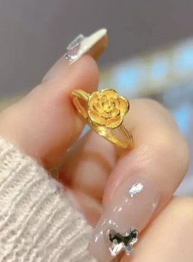 镀真金强保色古法沙金真爱玫瑰花戒指女镀金开口可调节戒指结婚