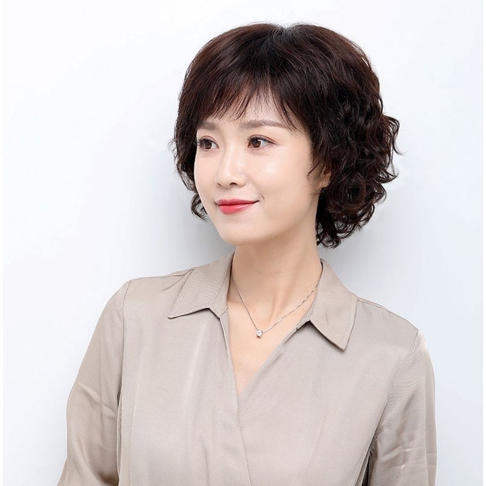 假发女短发逼真妈妈短卷发斜刘海蓬松自然中年女士全头套