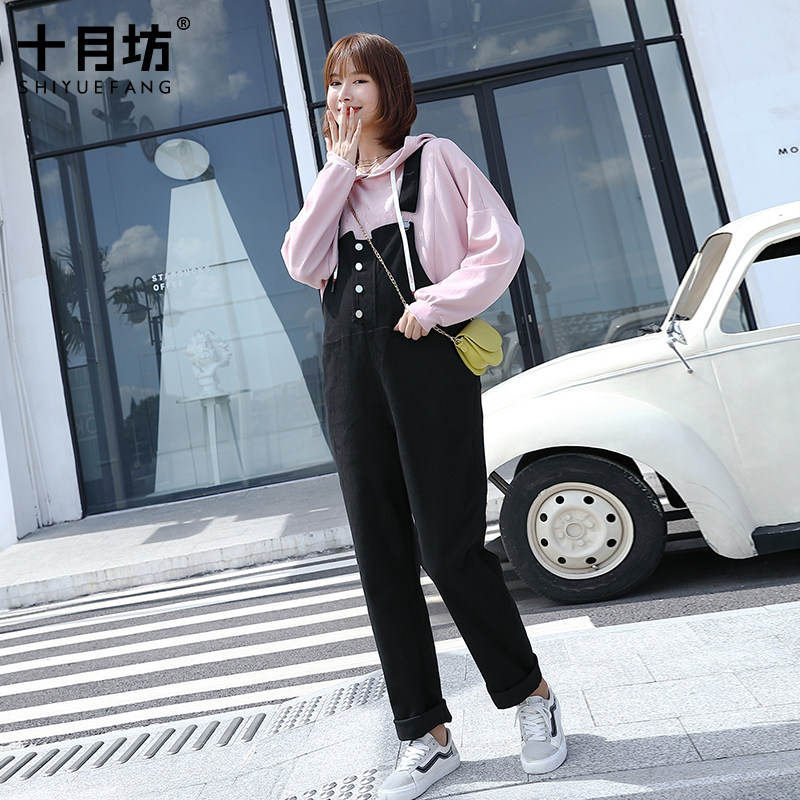 孕妇背带裤春秋款套装外出潮牛仔裤 十月坊孕妇打底裤