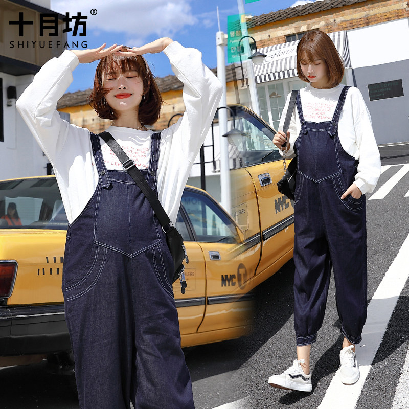 孕妇背带裤子宽松春秋季外穿牛仔裤 十月坊孕妇打底裤