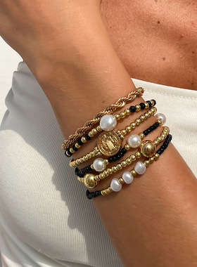 复古波西米亚CCB多重叠戴水晶串珠仿珍珠弹力手链套装金属手饰