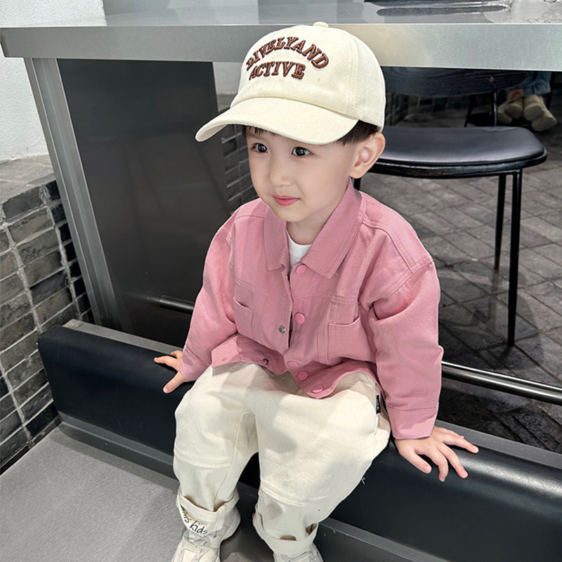 2024春秋新款儿童翻领牛仔开衫蜜桃粉色夹克男童时髦休闲上衣外套,淘宝优惠券,粉丝福利购,淘宝优惠卷