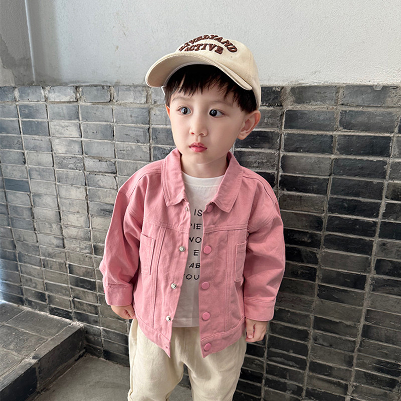 2024春秋新款儿童翻领牛仔开衫蜜桃粉色夹克男童时髦休闲上衣外套,淘宝优惠券,粉丝福利购,淘宝优惠卷