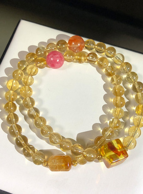 天然巴西黄水晶手串双圈花珀招财