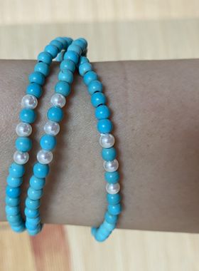 花道语阁优化绿松石三圈手链小米珠珍珠贝珠藏式国风禅意，手串