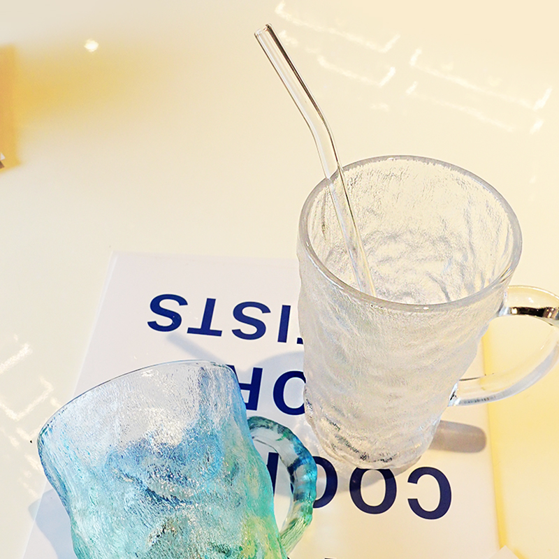 冰川纹玻璃杯女生高颜值喝水杯设计感小众家用带吸管咖啡牛奶杯子