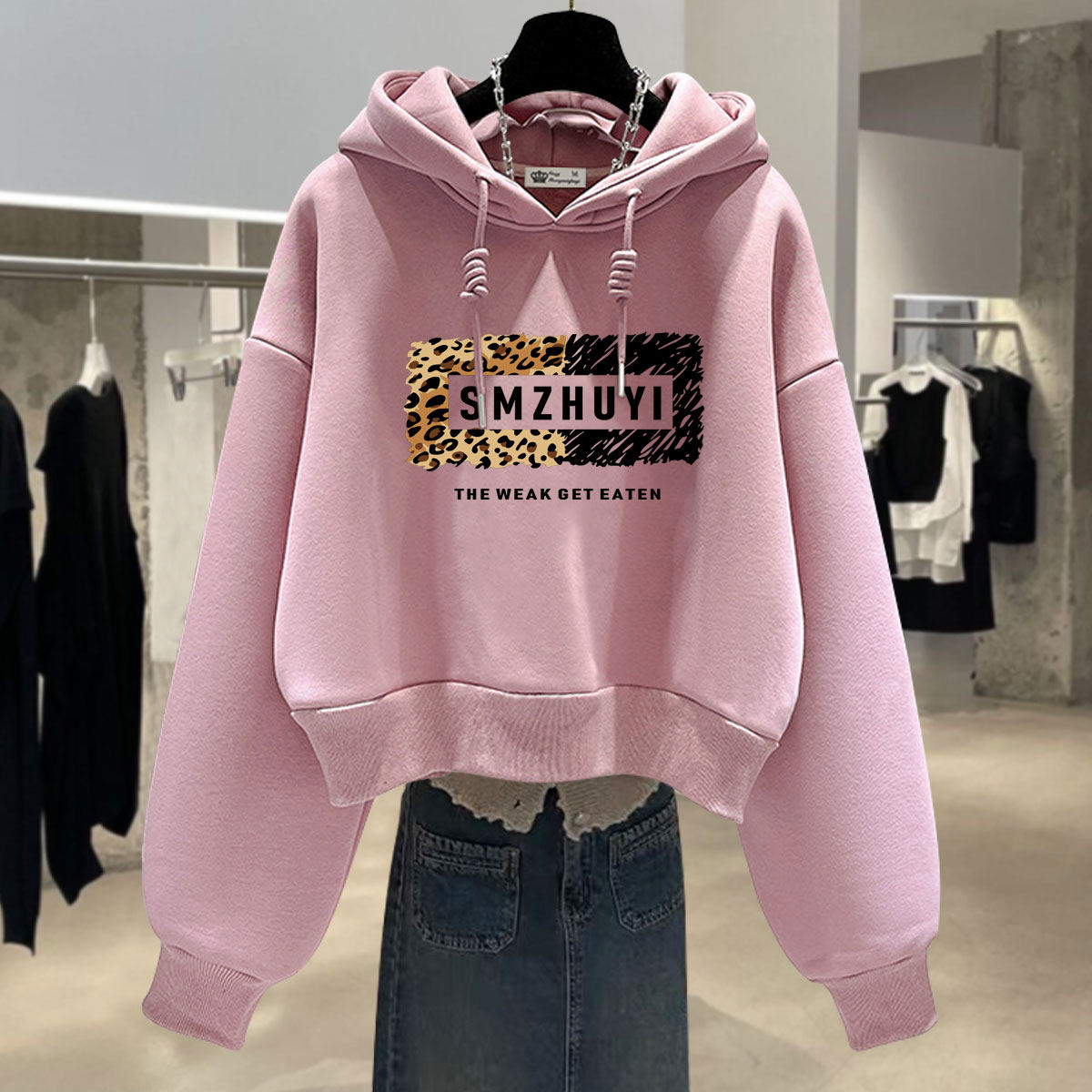 2025春秋冬季新款豹纹字母短款加绒加厚宽松套头黑色连帽卫衣女潮,淘宝优惠券,粉丝福利购,淘宝优惠卷