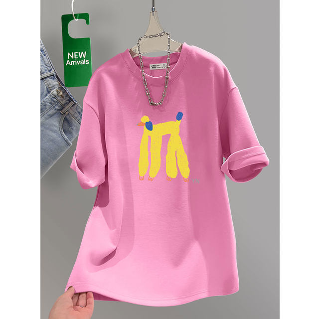 Short-sleeved t-shirt loose top mid-length printed cotton