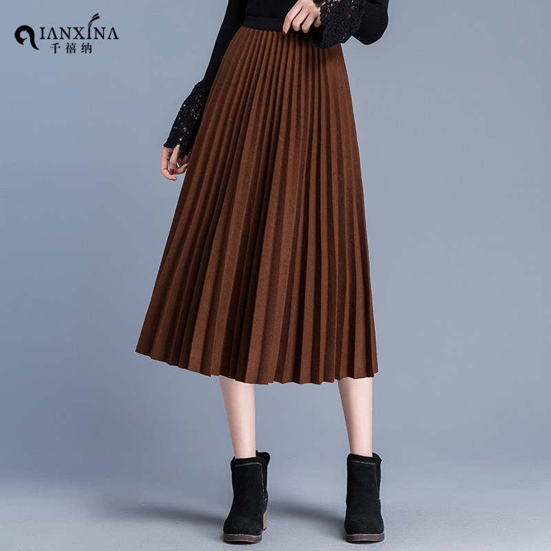 毛呢长裙秋冬2020新款高腰百褶裙 千禧纳半身裙