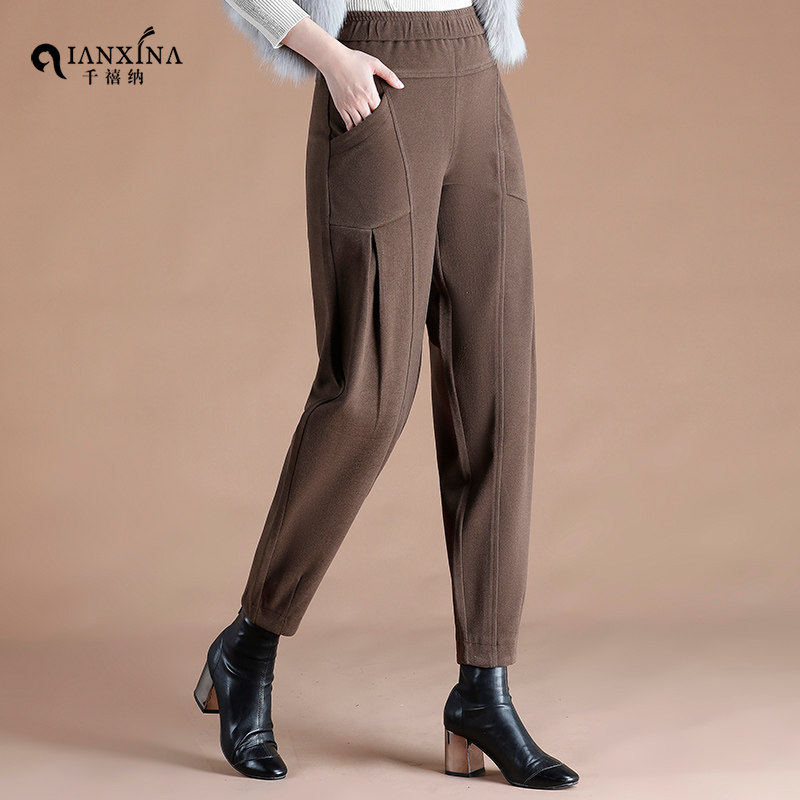 子女冬高腰宽松显瘦保暖百搭毛呢裤 千禧纳休闲裤