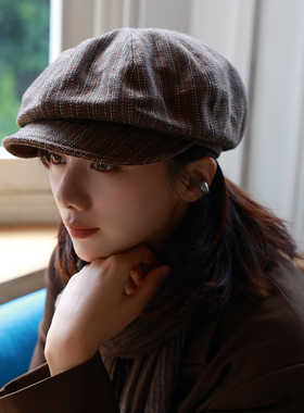 羊毛混纺文艺宽松大版型云朵八角帽女秋冬条纹报童帽休闲鸭舌帽男