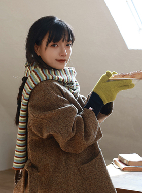 抹茶布朗尼」韩版条纹围巾女冬保暖百搭长方形绿色氛围感围脖学生
