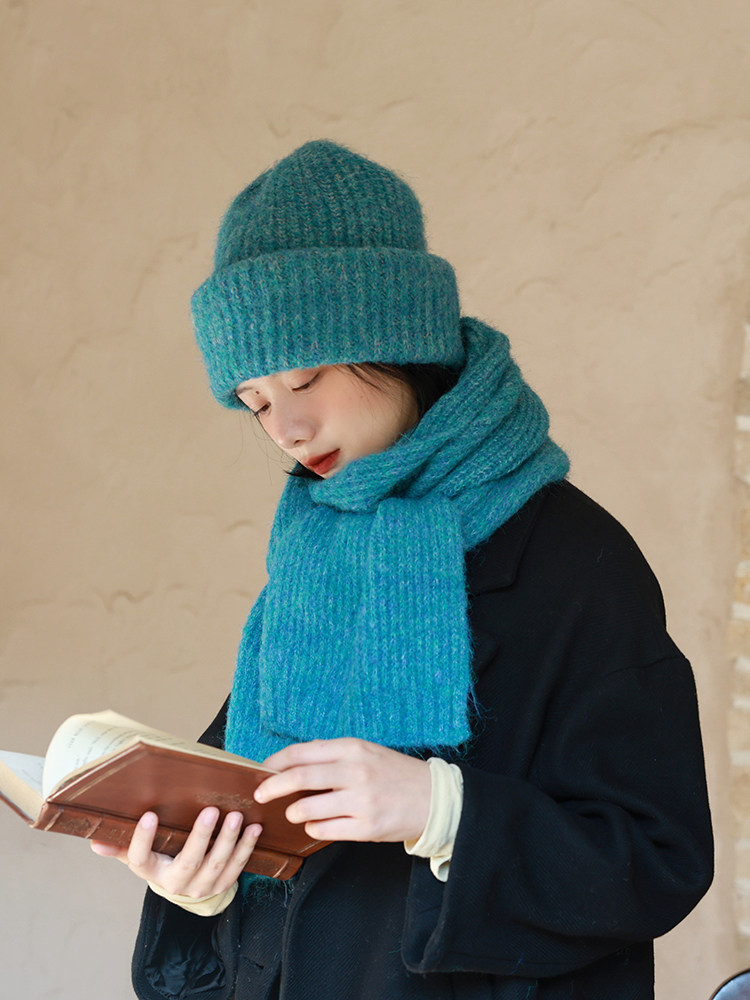显白湖水蓝二件套帽子围巾冬季保暖宽松大版毛线帽针织保暖围巾女,淘宝优惠券,粉丝福利购,淘宝优惠卷
