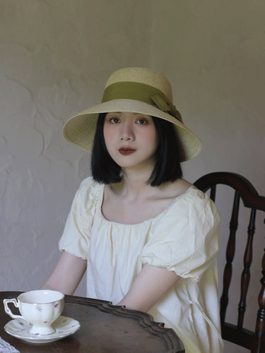 抹茶绿复古圆顶蝴蝶结大檐草帽法式赫本风复古出游遮阳帽女夏季 - 图3