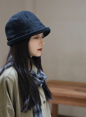 词不达意 含羊毛秋冬厚实渔夫帽前长后短显脸小水桶帽素颜盆帽女