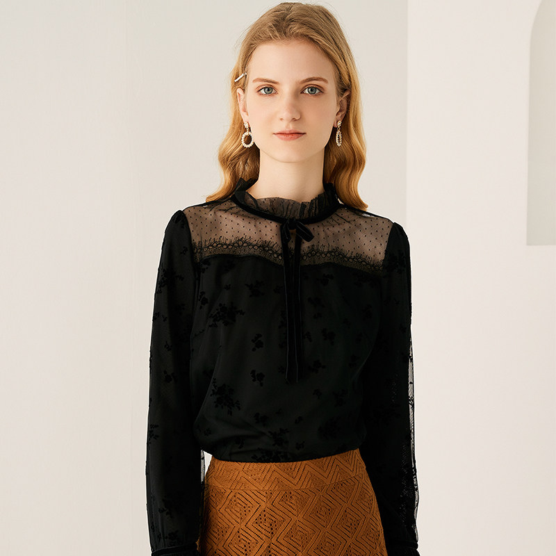 简朵2021秋季新款蕾丝喇叭袖小衫 简朵蕾丝衫/雪纺衫