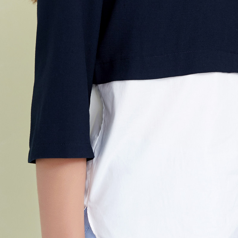 简朵春季新品修身百搭拼接七分袖 简朵T恤